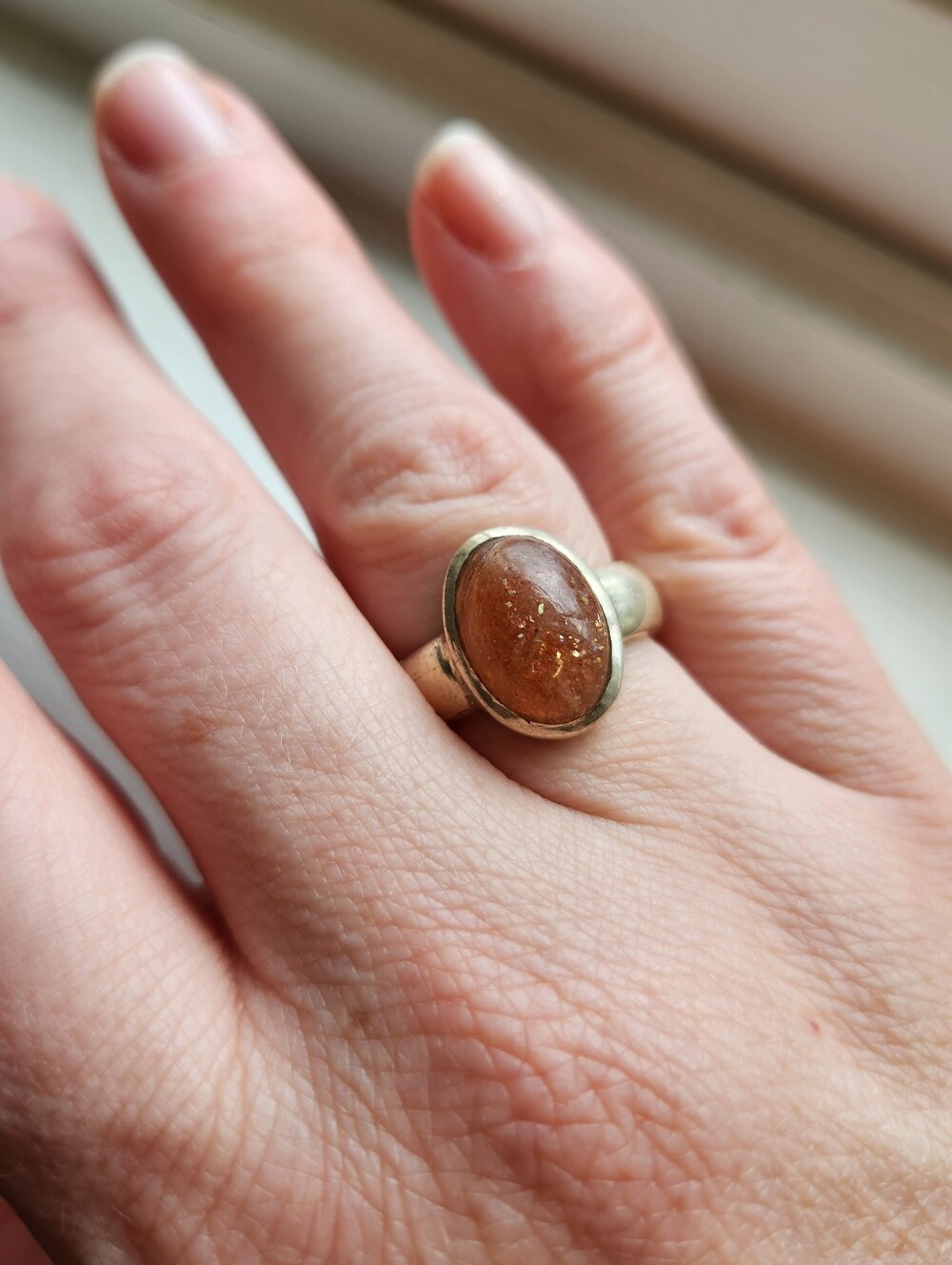 Sterling Silver 925 Orange Natural Sunstone Ring, Large Stone, Size 8